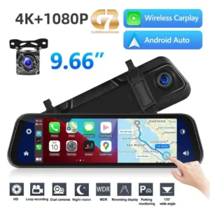 9.66″ Смарт Огледало с 4K Видеорегистратор, Задна Камера 1080p, GPS Навигация, Безжично CarPlay/Android Auto и WiFi